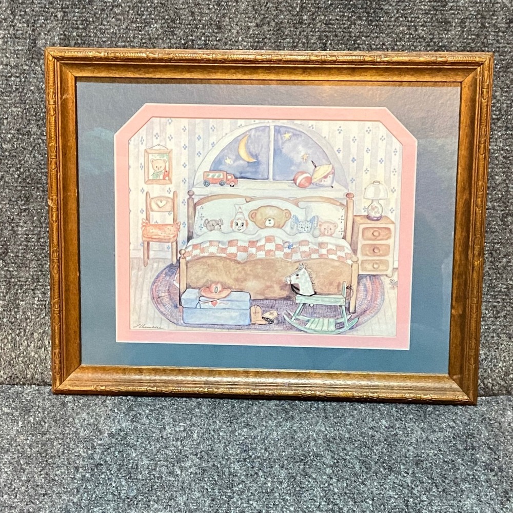 Vintage L Chambers Framed Nursery Art Teddy Bear Stuffed Animals 15x12 Whimsical